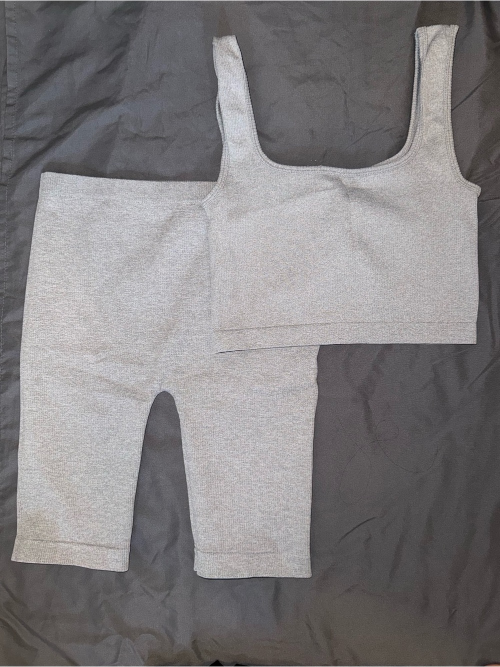 Gray Ribbed Crop Tank and Biker Short Set
